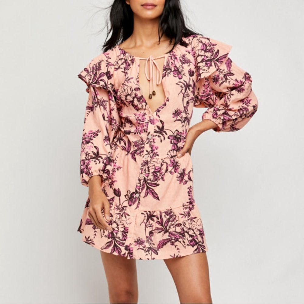Free people sun baked mini dress pink floral print long sleeve women’s size S